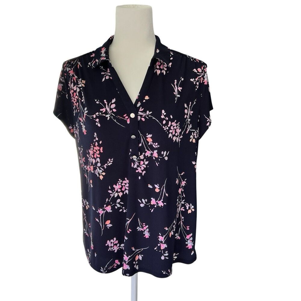 Croft & Barrow Blouse Floral Petite XL Collar Navy Dark Pink Flowers Buttons